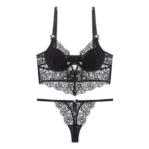 French black eyelash lace lingerie set with underwire bustier and matching thong