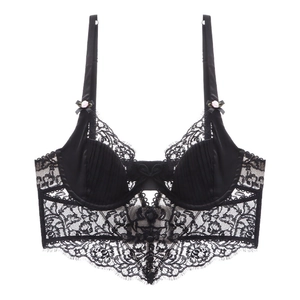 Detail of black eyelash lace bra featuring pink rose accents and vertical textured fabric
