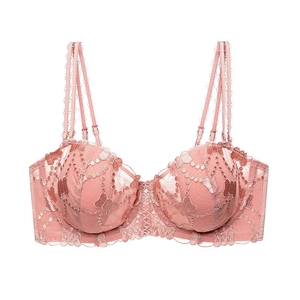 Soutien-gorge en dentelle rose avec triples bretelles et broderies de papillons