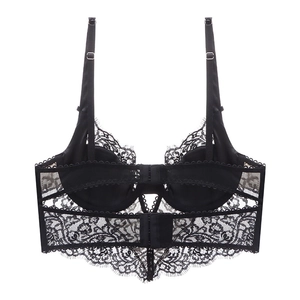 Close-up of black eyelash lace bra back with adjustable straps and wide hook-and-eye closure