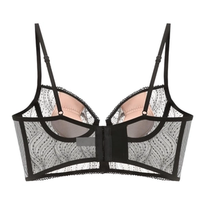 Detailed view of black French lace embroidery bra with mesh and adjustable straps