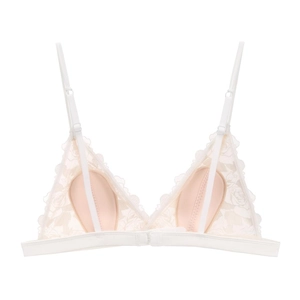 Detailed view of white floral lace triangle bra with removable inserts and thin straps
