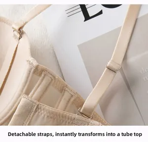 Detail of detachable bra straps and breathable mesh side wing in beige skin tone