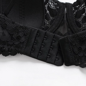 French black lace bra featuring elegant embroidery and four-row back hook closure