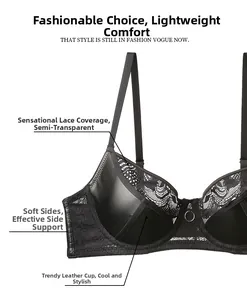 Detail of black lace and PU leather bra showing floral patterns and metal ring