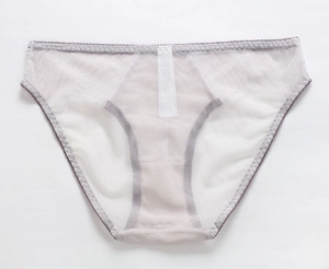 Detail of sheer mesh lingerie with purple lace trim and delicate floral embroidery
