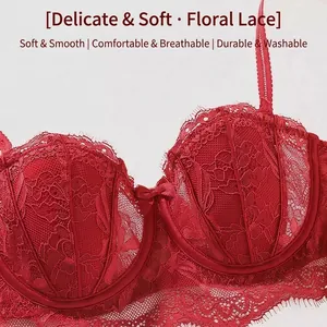 Elegant red floral lace balconette bra with delicate eyelash trim and bow detail