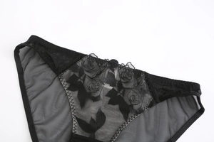 Detail shot of black floral lace embroidery and sheer mesh fabric on women's briefs
