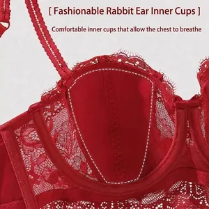 Red French lace strapless bra featuring breathable rabbit-ear shaped inner cup padding
