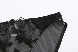 Detailed close-up of rose flower embroidery and sheer mesh on black lace panties