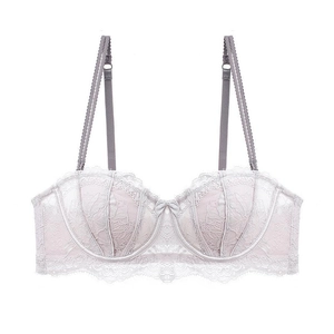 Lace strapless push-up bra in lavender pink with delicate floral patterns and center bow