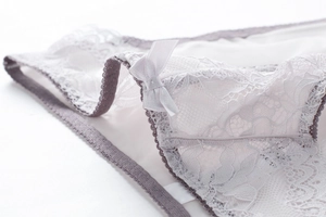 Detailed macro view of white floral lace fabric and satin bow on gray low-rise panties