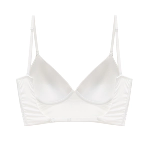 Detailed close-up of a white seamless French-style triangle bra with adjustable thin straps