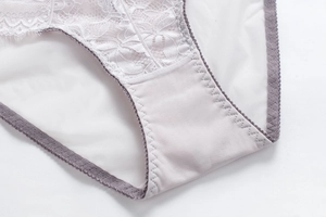 Close-up of lavender lace panties with floral patterns and elastic wavy edges