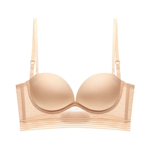 French seamless U-shape backless push-up bra in beige with mesh dot side wings