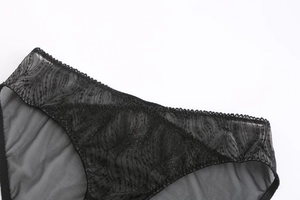 Détail de culotte en dentelle noire avec broderie de feuilles et empiècement en résille