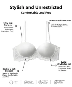 Detail of white lace bra featuring detachable shoulder straps and breathable soft wire support