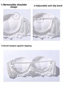 Detail of white strapless bra with removable straps and anti-slip silicone lining