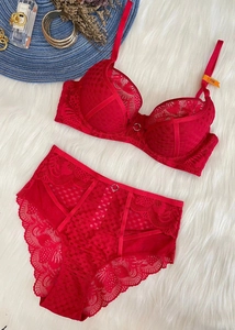 Detail of red lace bra and high-waist panties set with O-ring and side cutout straps