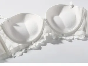 Detail view of white lace bra featuring W-shaped soft support and breathable inner cups