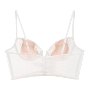 Detail view of white French lace bra back with adjustable straps and multi-row hooks
