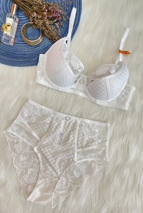 Detailed macro shot of white lace lingerie set with high-waisted briefs and floral texture