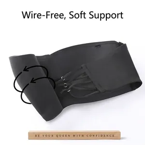 Seamless black strapless bra with front lace-up detail and soft flexible wireless structure