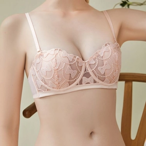 Detail of pink French lace bra with butterfly embroidery and soft wired design