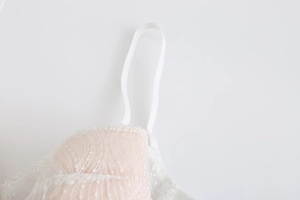 Detail of pink French lace embroidery and delicate mesh texture on bra cups and straps