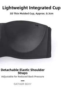 Detail of a 0.3cm ultra-thin seamless black tube top bra with removable elastic straps