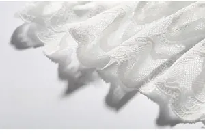Close-up of white French lace fabric with elegant mesh texture and scalloped edges