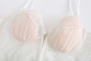 Close-up of French embroidered lace bra with scalloped edges and fine floral details