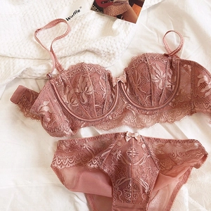 French lace lingerie set in lavender with underwire bra and matching panties