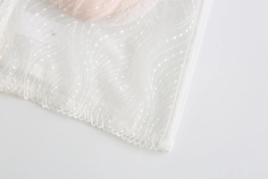Macro detail of French style lace embroidery with scalloped edges on white mesh bra