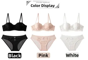 Three-color set of French lace bras and panties in black, light pink, and pure white