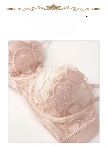 Detail view of pink bra featuring exquisite butterfly embroidery and soft lace texture
