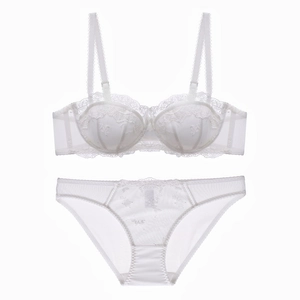 Elegant white lace embroidery lingerie set featuring a soft underwire bra and mesh panties