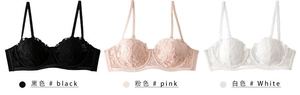 Detailed flat lay of French style lace bras with floral embroidery in black, pink and white