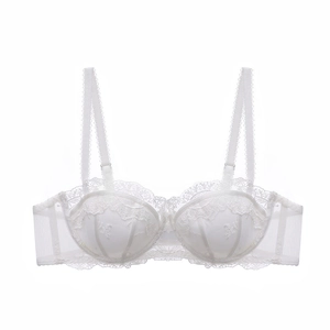 Detailed view of delicate white lace embroidery and scalloped edges on the soft underwire bra