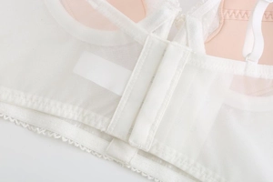 Detailed view of the multi-row hook closure and delicate lace trim on white mesh bra