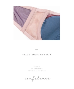Detail of French style deep V bra showing purple mesh stitching and pink piping edge