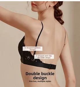 Dettaglio reggiseno in pizzo nero con profonda schiena a U e spalline antiscivolo a T