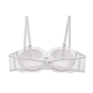 Detailed back view of white lace bra featuring adjustable straps and breathable mesh fabric