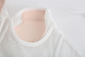 Detail of white floral lace lingerie with polka dot mesh and soft breathable lining