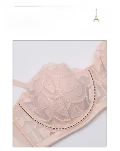 Detail of light pink lace bra featuring butterfly embroidery and soft U-shaped underwire