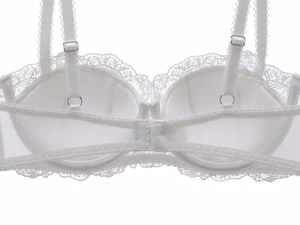 Detailed back view of white lace bra featuring adjustable straps and mesh band