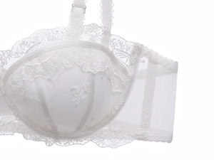 Close-up of white floral embroidery lace on underwired bra with delicate scalloped edges