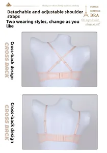 Detail of adjustable detachable straps and cross-back design on pink lace bra