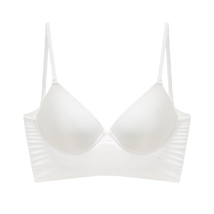 White seamless soft wire bra with French U-back and ribbed side wings for back support