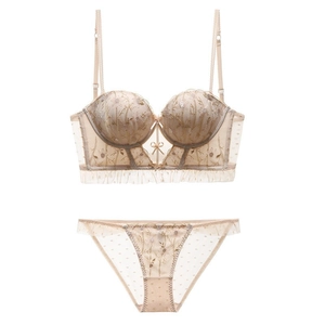 Champagne lace lingerie set with floral embroidery and polka dot mesh detailing